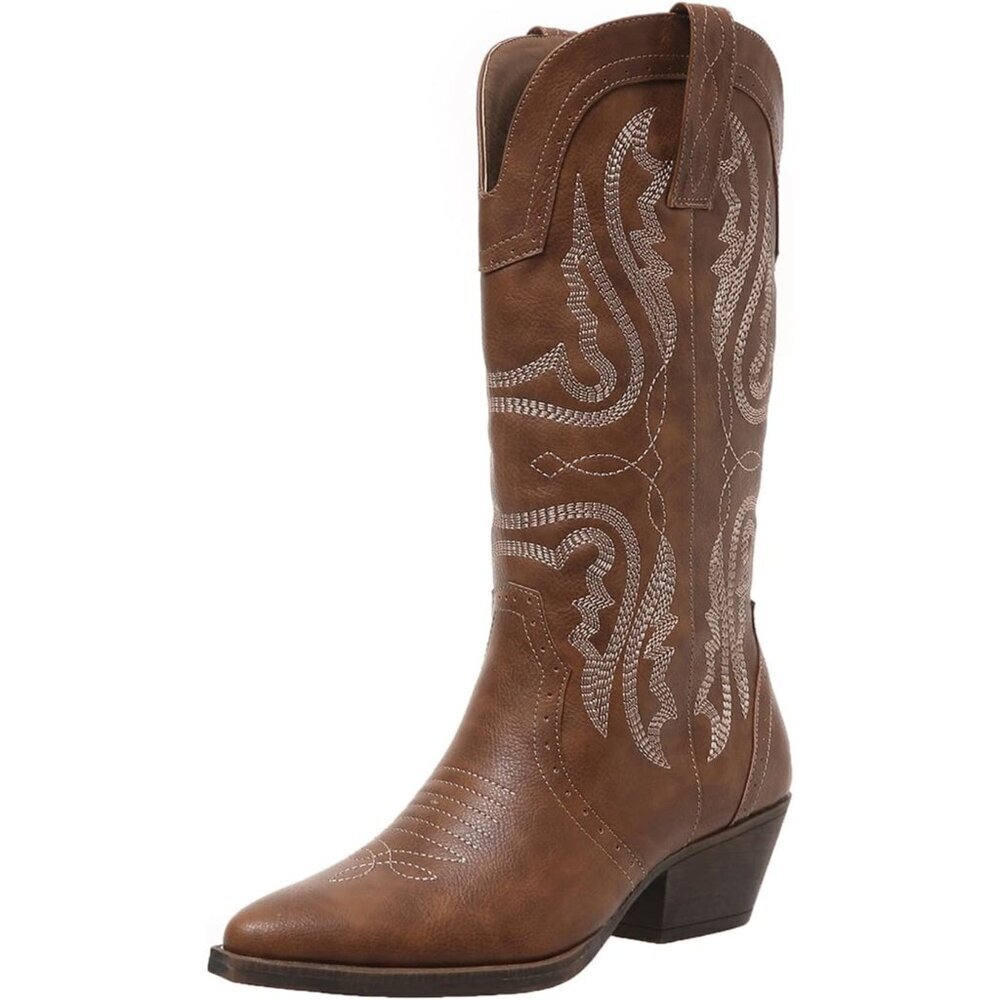 Women's Brown Cowgirl Mid Calf Western Embroidered Pointed Toe Block Heel Boots